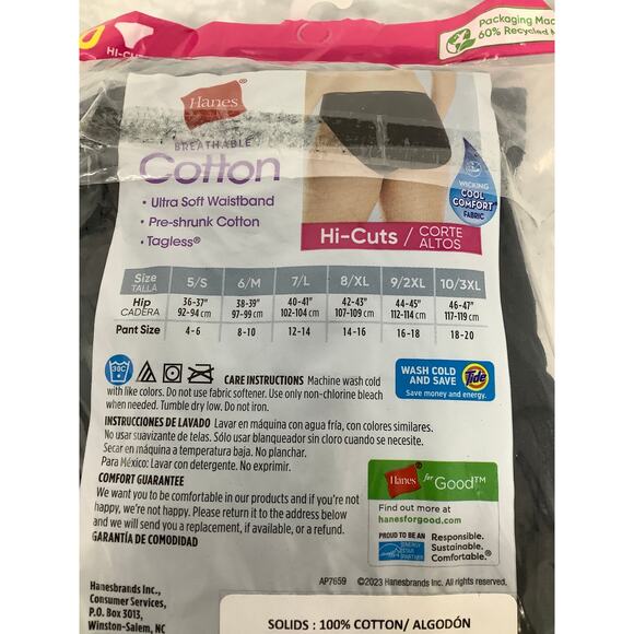 Hanes Womens 6/M Black 10-Pack Breathable Cotton Hi-Cut Panties Underwear I16-18 - Picture 6 of 7